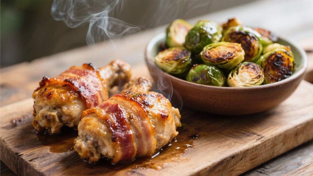 bacon wrapped savory chicken thighs