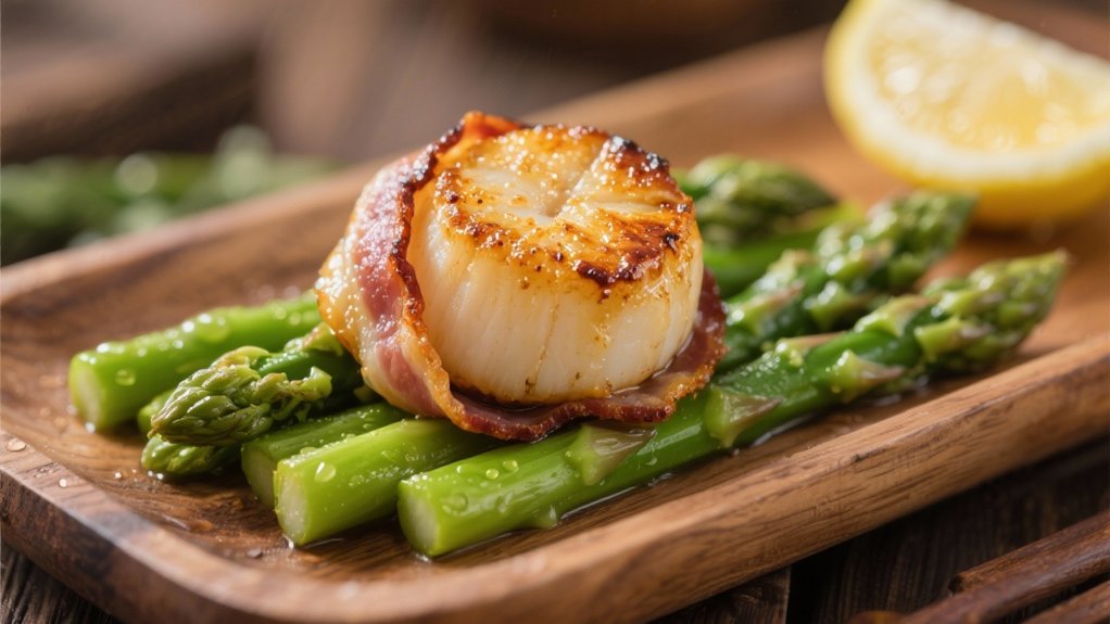 bacon wrapped scallops and asparagus