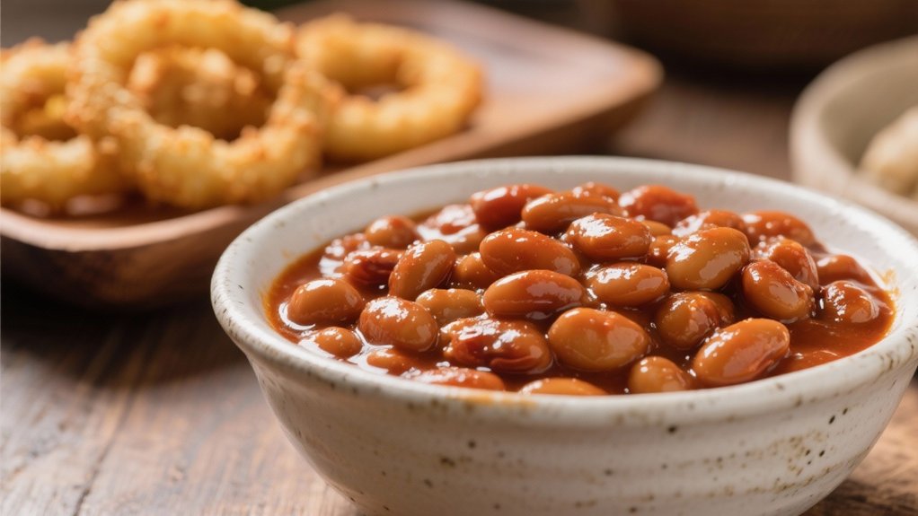 baked beans and onion rings