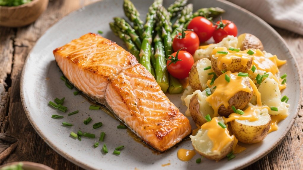 baked salmon complements cheesy potatoes