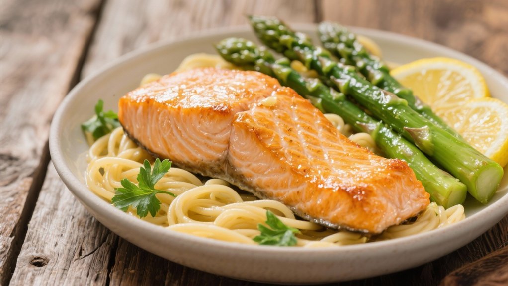 baked salmon with buttery noodles