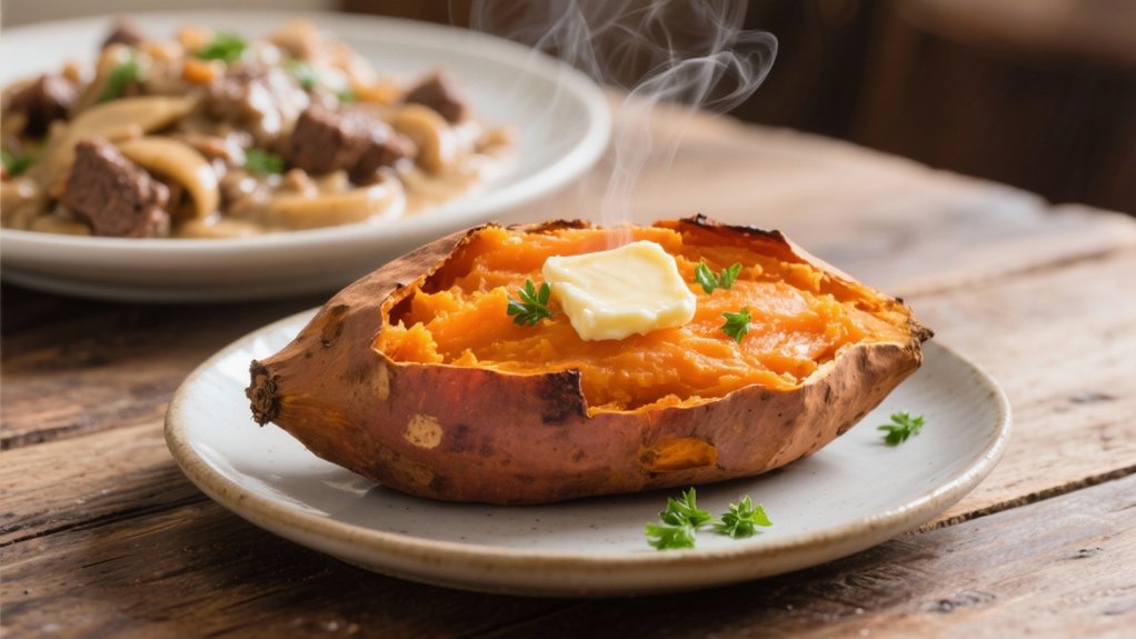 baked sweet potatoes complement stroganoff