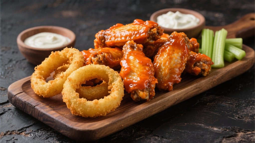 buffalo wings and onion rings