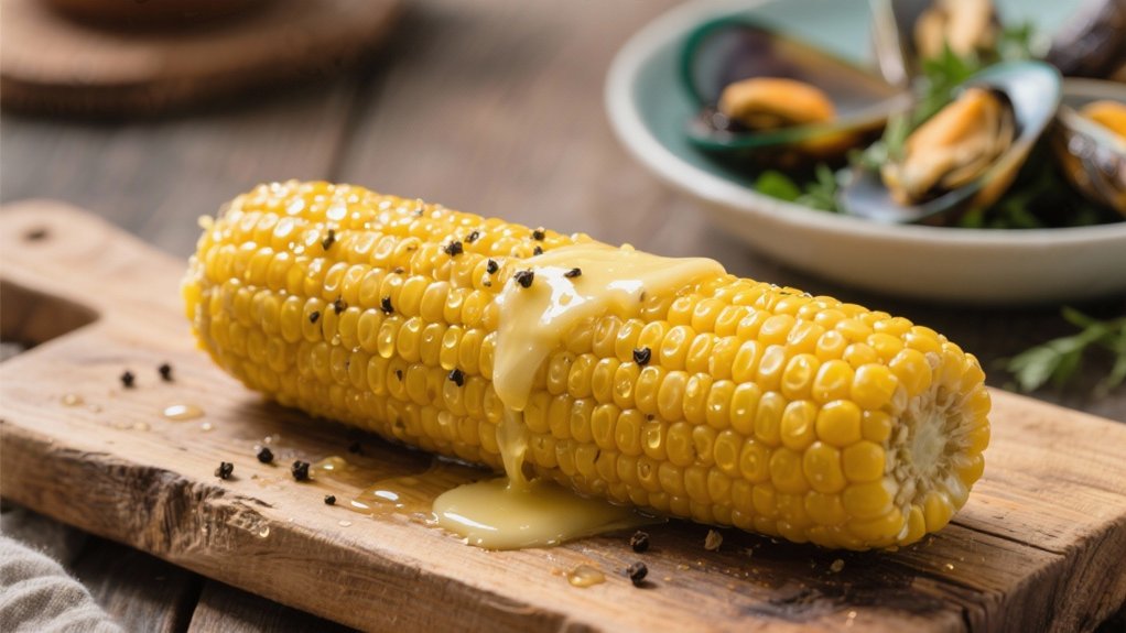 buttery corn complements mussels