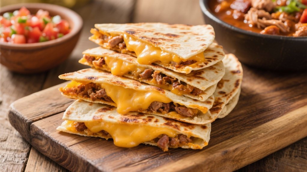cheesy quesadillas and chili