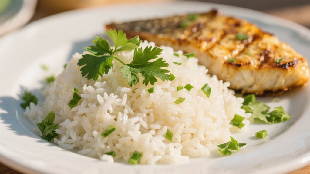 coconut rice enhances seafood dinner