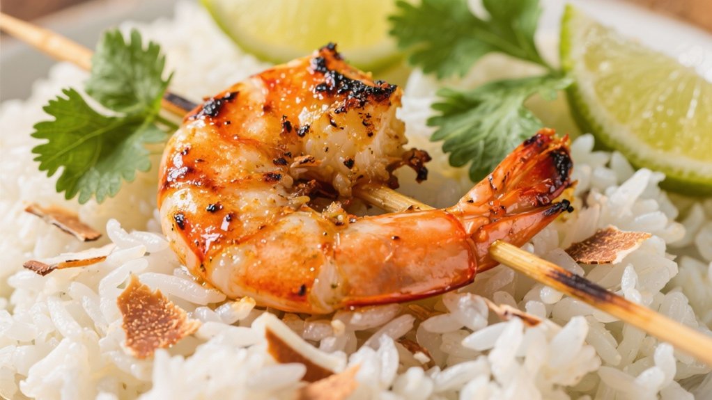 coconut rice enhances shrimp kabobs