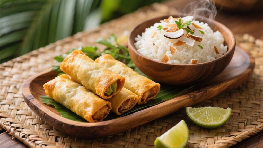 coconut rice enhances spring rolls