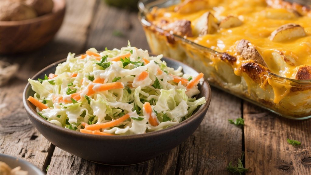 coleslaw complements cheesy potatoes