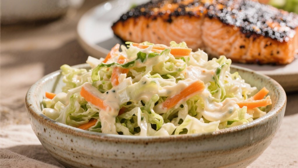 creamy coleslaw complements salmon
