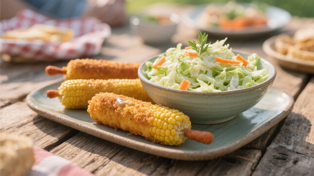 creamy coleslaw enhances corn dogs