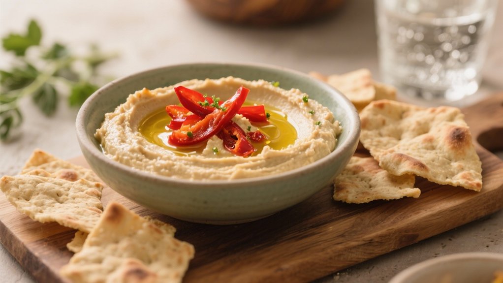 creamy hummus with roasted peppers