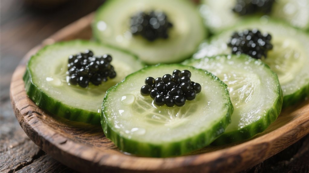 crisp cucumber rounds enhance caviar