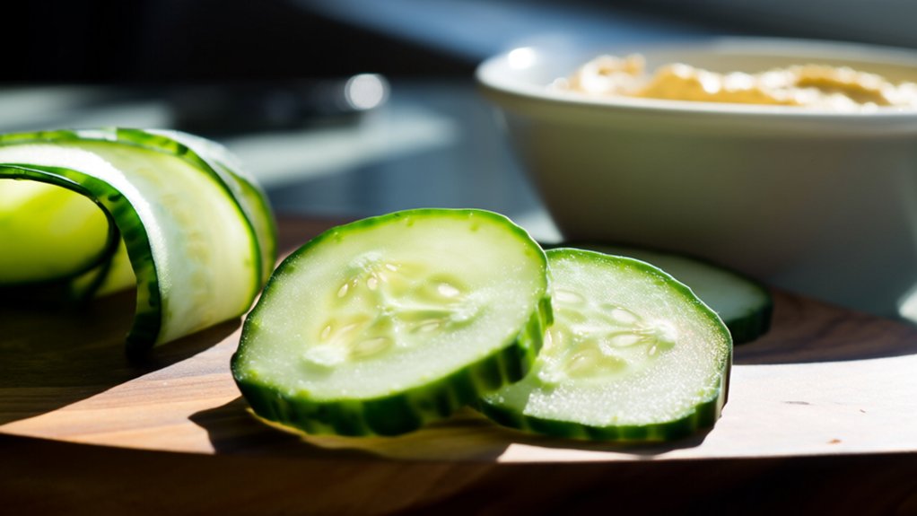 crisp cucumber slices complement hummus