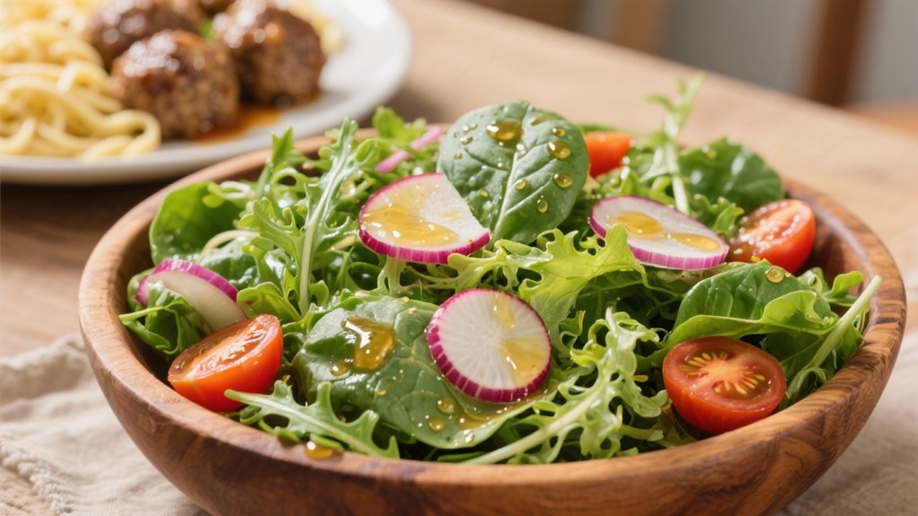 crisp greens complement meatballs