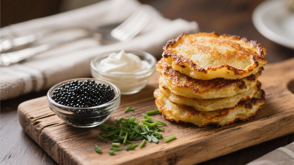 crispy potato pancakes delightfully complement caviar