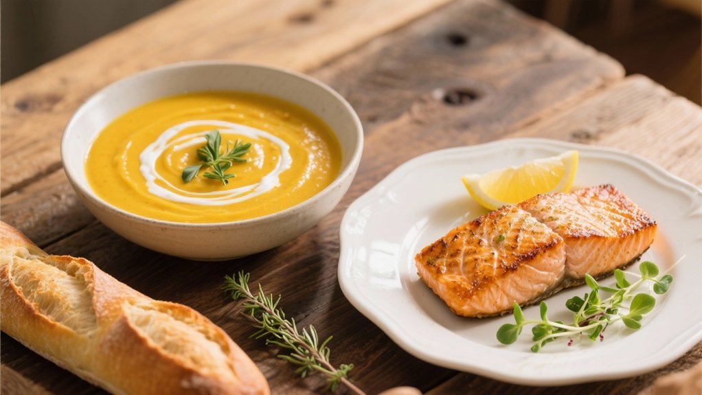 crispy salmon complements squash soup