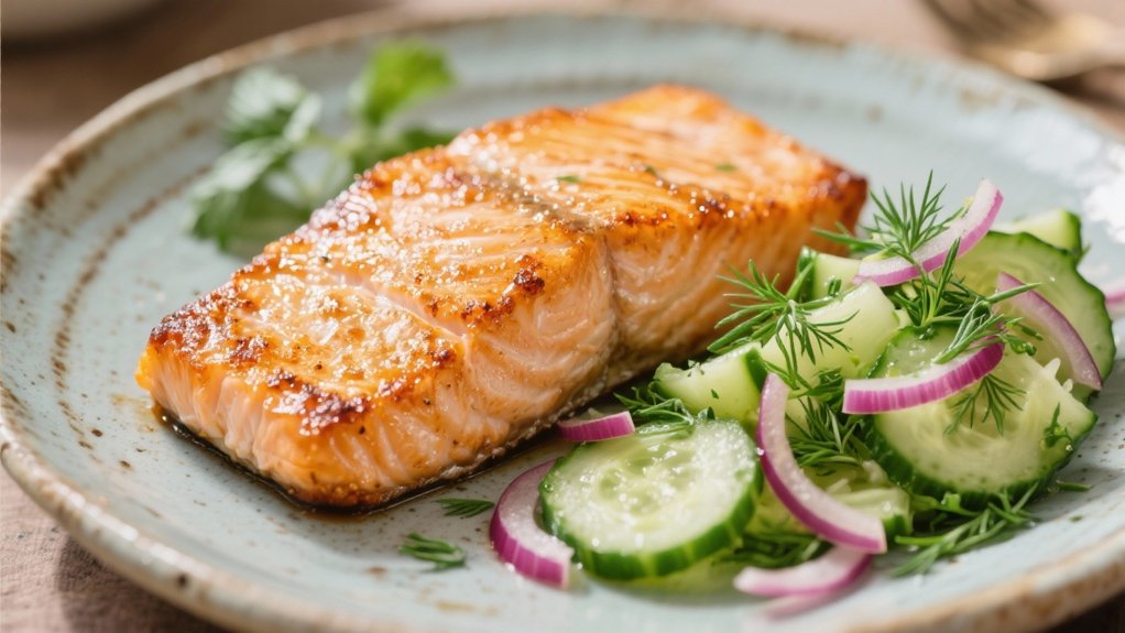 crispy salmon with cucumber salad