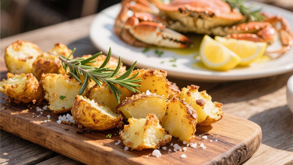 crispy smashed potatoes complement crab