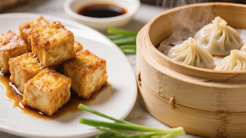 crispy tofu complements dumplings