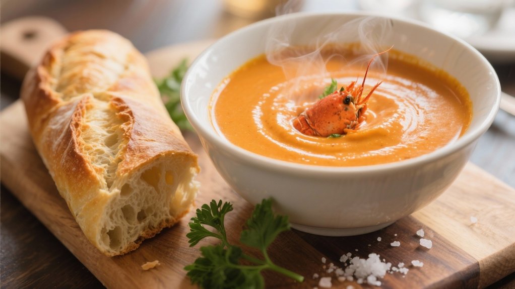 crusty baguette complements bisque