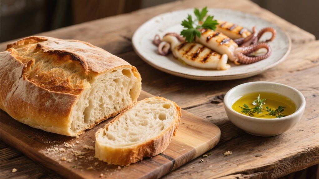 crusty bread complements squid