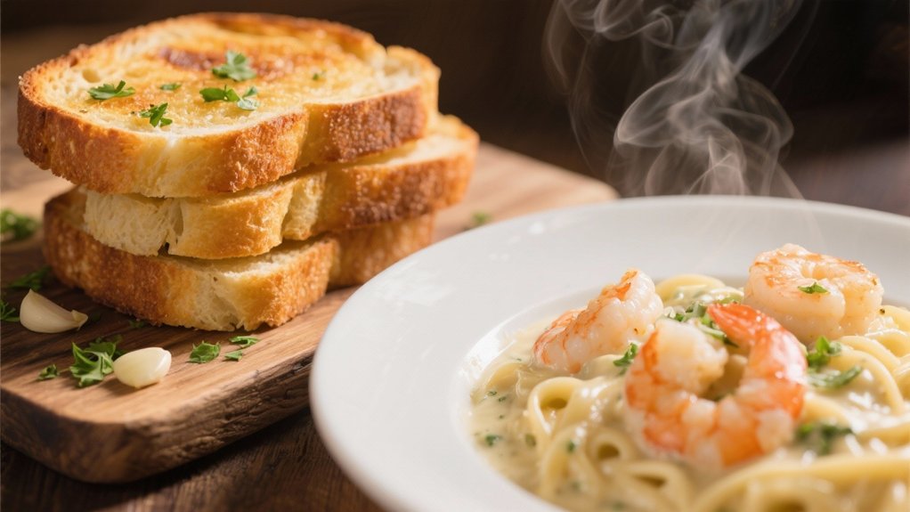 garlic bread enhances shrimp alfredo