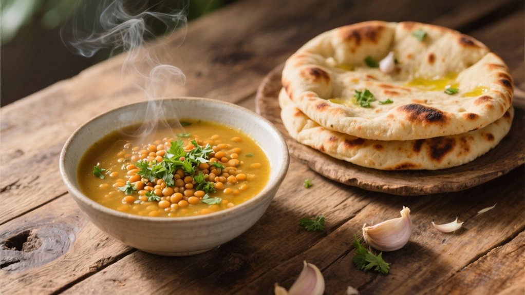 garlic naan enhances lentil soup