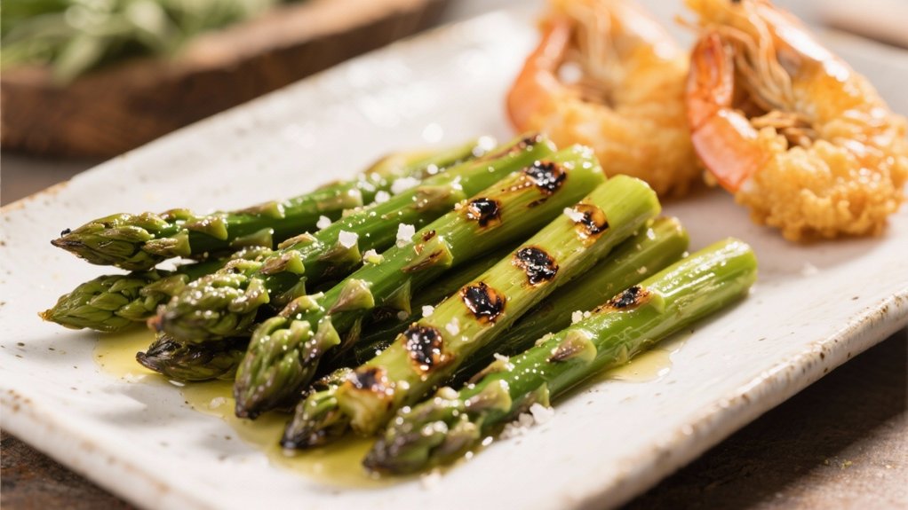 grilled asparagus complements fried shrimp