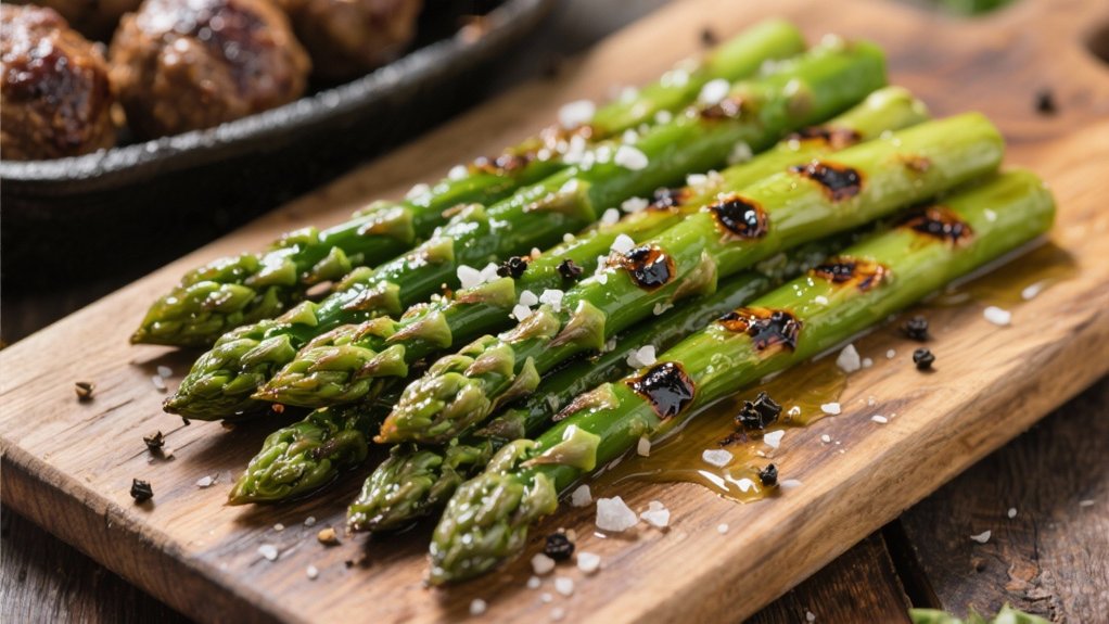 grilled asparagus complements meatballs