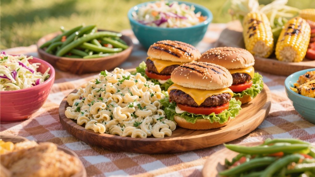 grilled burgers with macaroni salad