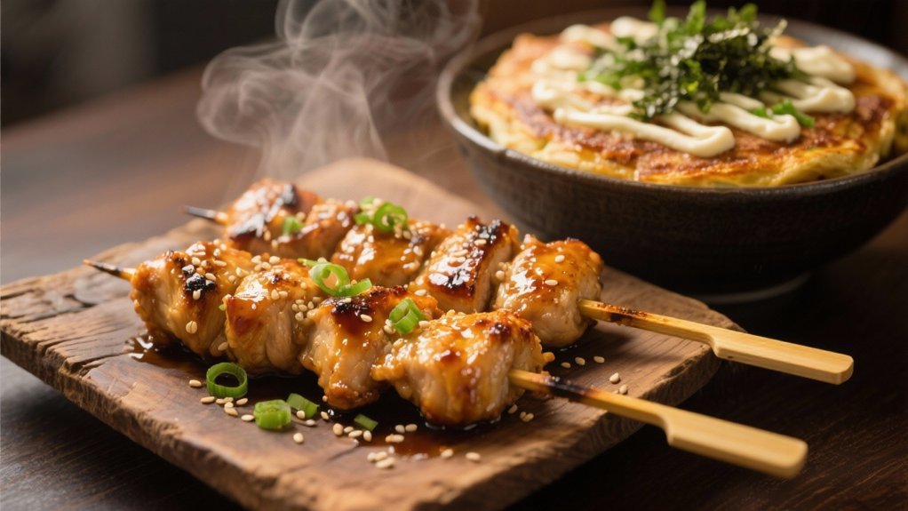 grilled chicken skewers complement okonomiyaki