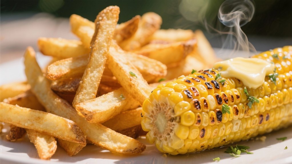 grilled corn complements fries