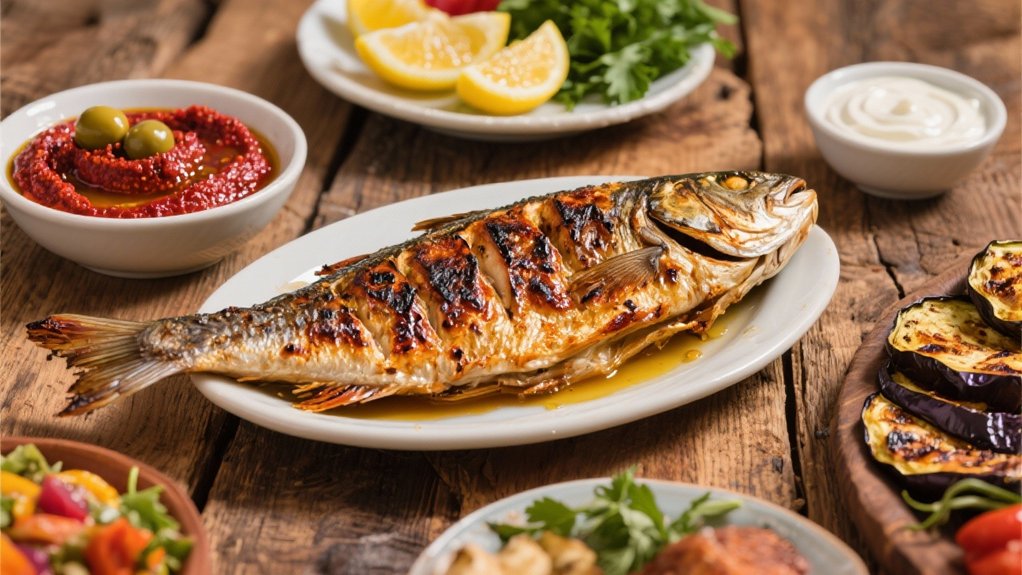 grilled fish with muhammara