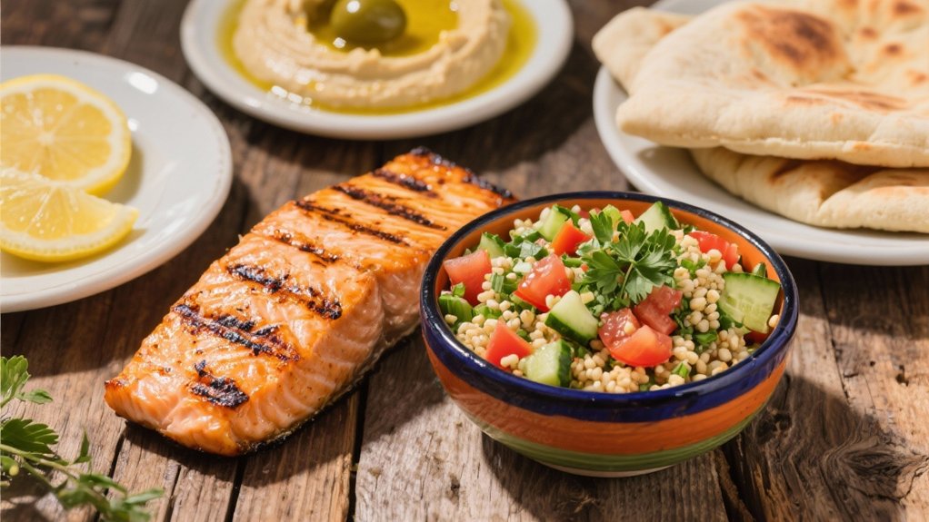 grilled salmon complements tabbouleh