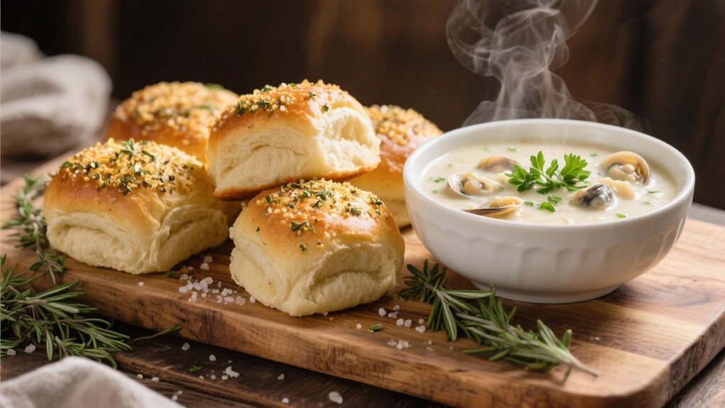 herb crusted rolls enhance chowder