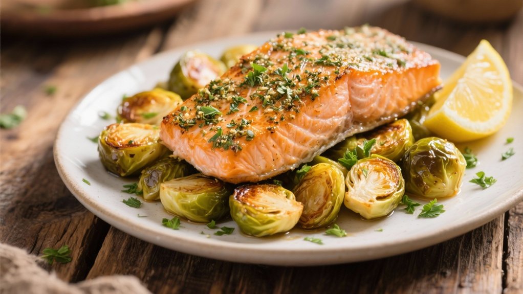 herb crusted salmon with brussels