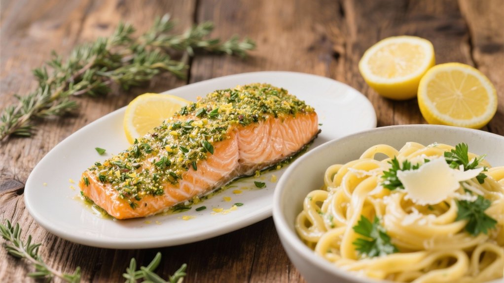 herb crusted salmon with pasta