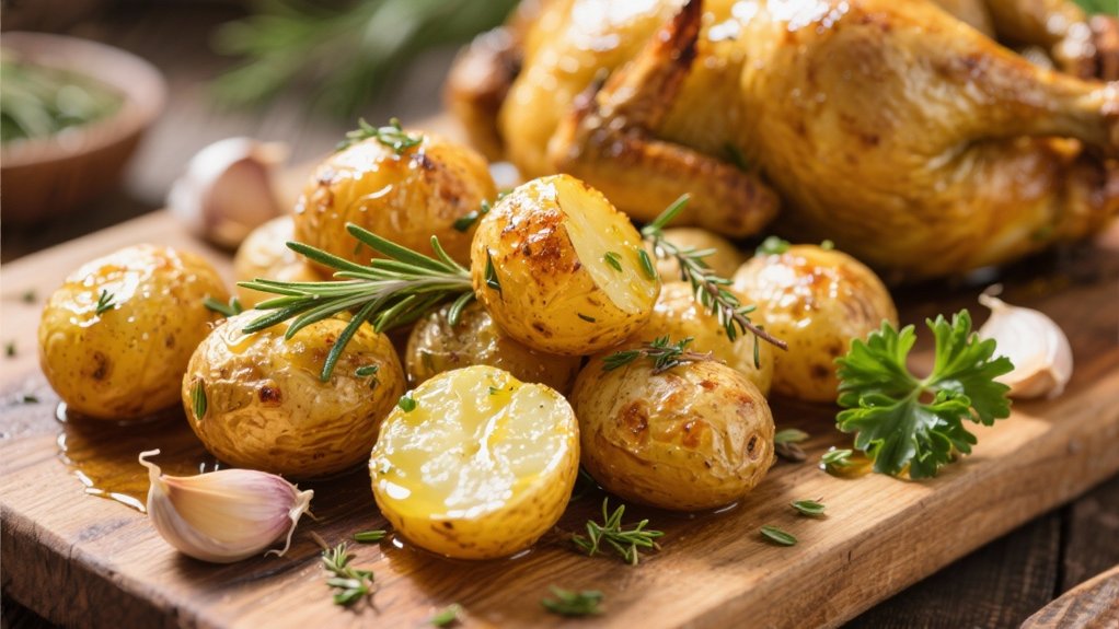 herb roasted potatoes alongside hens