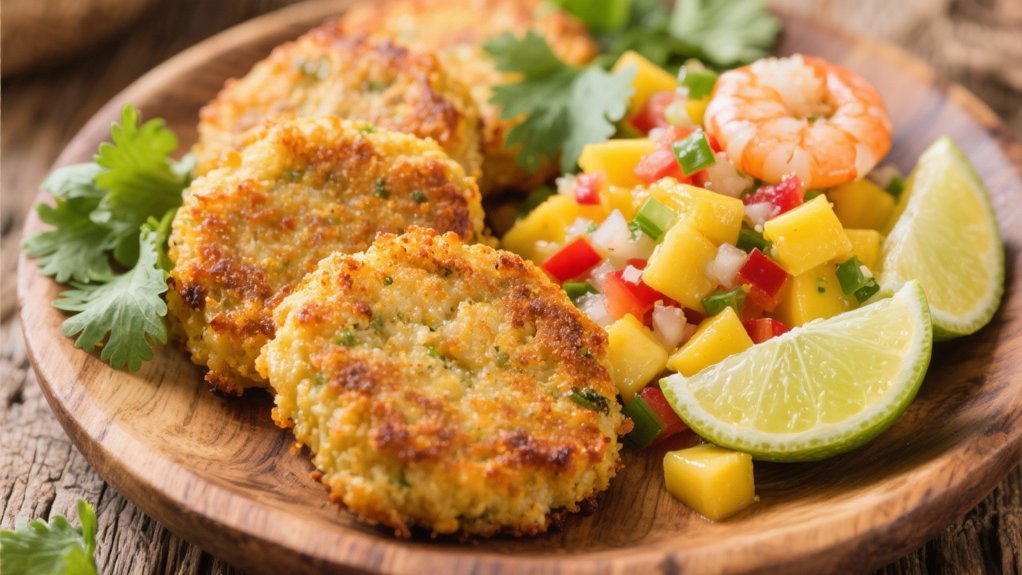 mango salsa enhances shrimp cakes