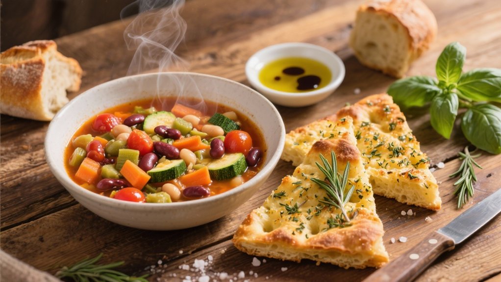 minestrone soup and focaccia