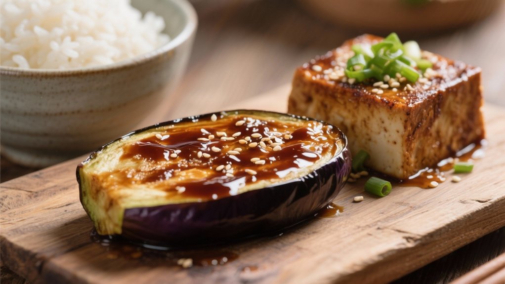 miso glazed eggplant complements tofu