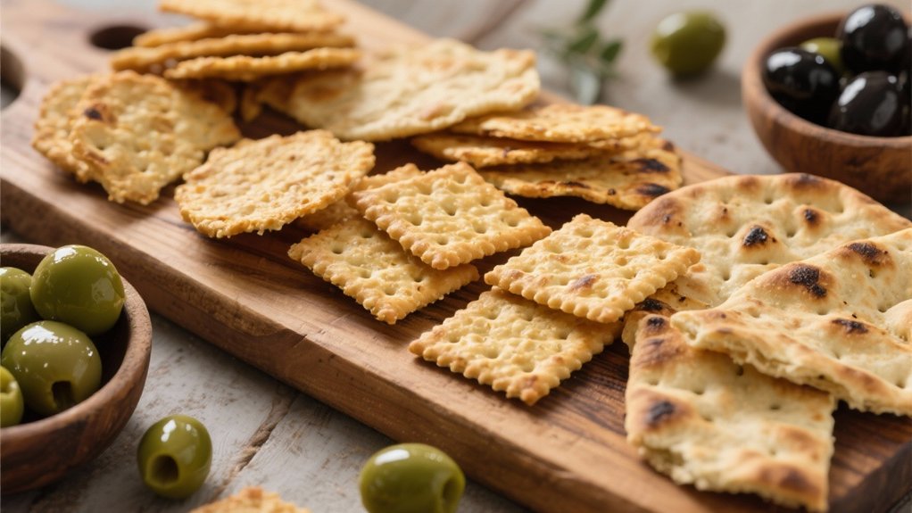 olives atop crackers and flatbread