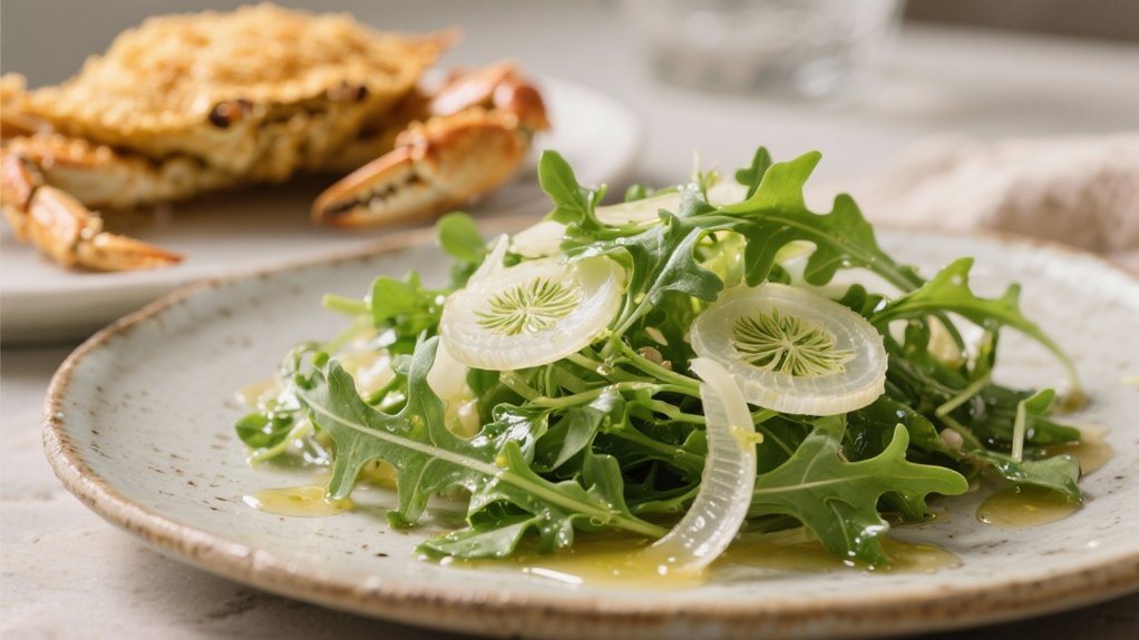 peppery salad complements crab