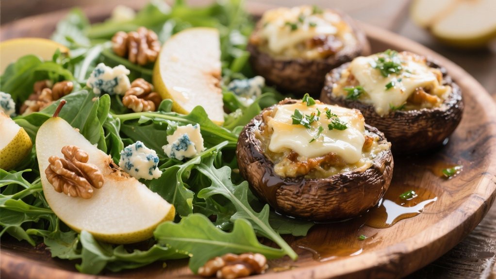 peppery salad complements mushrooms