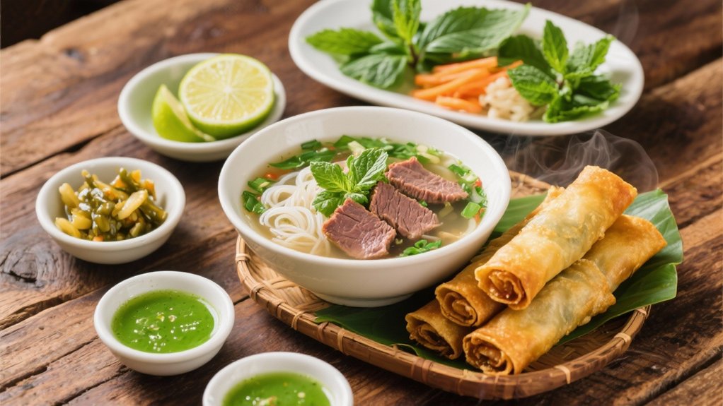 pho soup and spring rolls