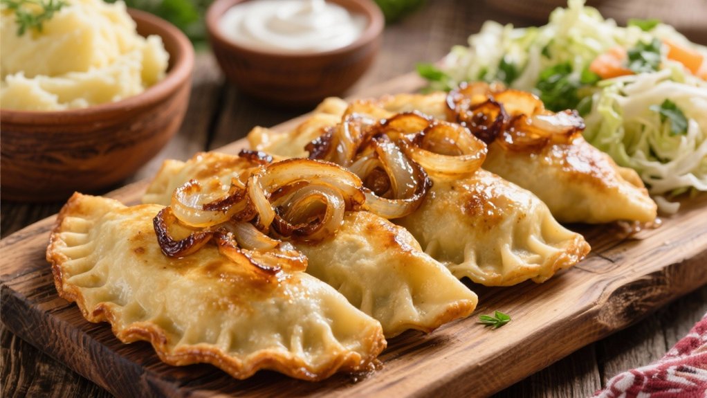 pierogi topped with onions