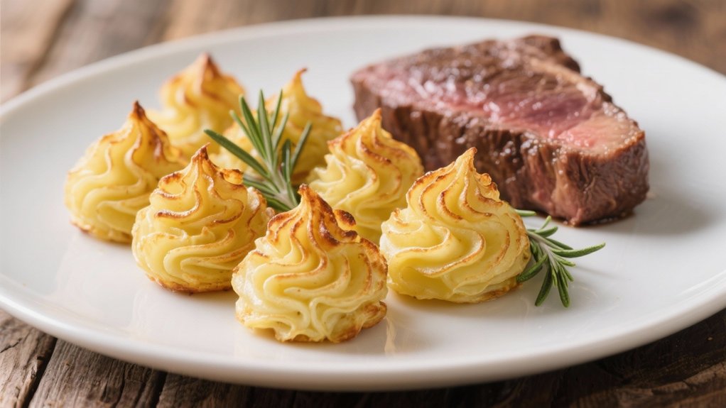 piped golden potato rosettes