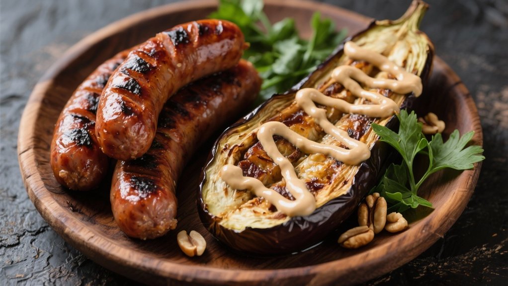 roasted eggplant complements sausage