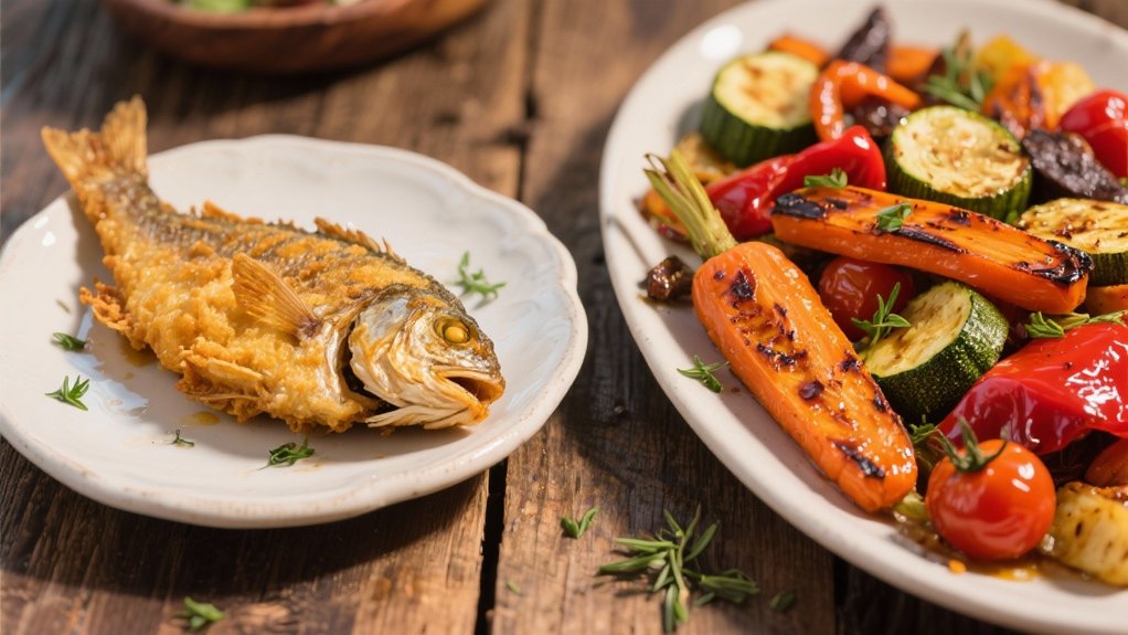 roasted vegetables balance fried fish